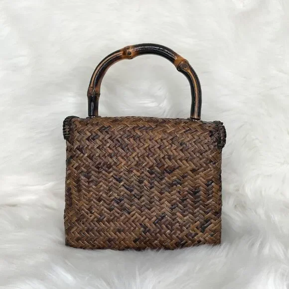 Asiaphile Los Angeles Brown Wicker Bag Bamboo Handle - Picture 3 of 11